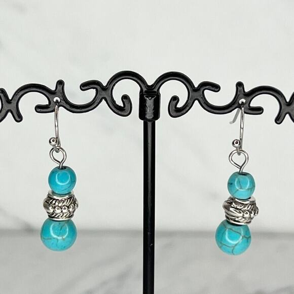 Silver Tone Faux Turquoise Beaded Dangle Earrings Pierced Pair - Picture 1 of 4